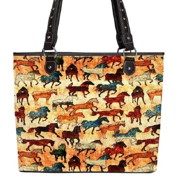 Leather Trim Horses Design Canvas Tote Bag - Picture 1 of 4